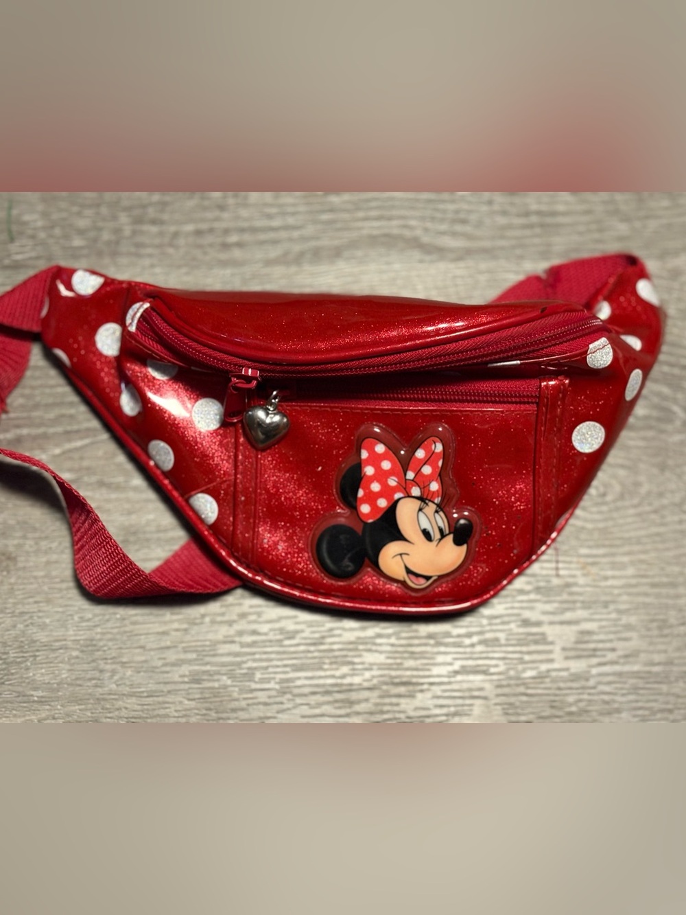 Disney Minnie Mouse Red Glitter Kids Fanny Pack with Heart Charm